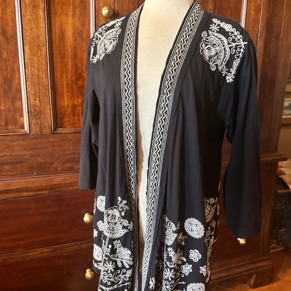 Johnny Was Embroidered Black Cardigan